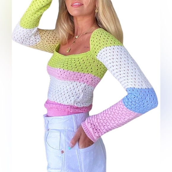 FOCUSNORM Colorblock Sweater Hollow Long Sleeve U-shaped Neck Knit Pullover - Picture 3 of 13